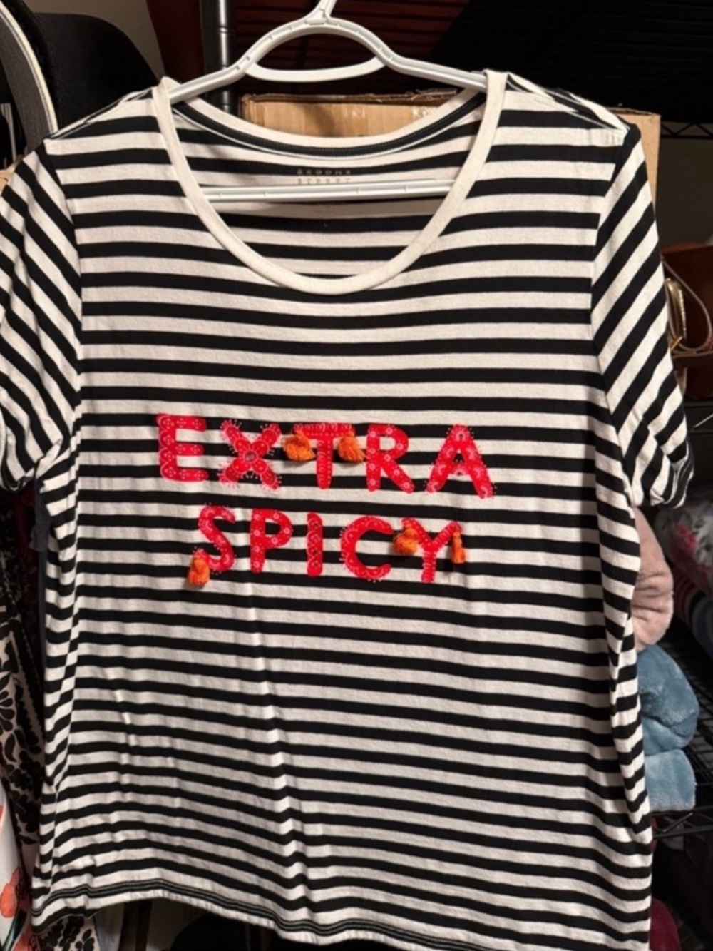 kate spade Black & White Striped Tee with Red 'EXTRA SPICY' Appliqué